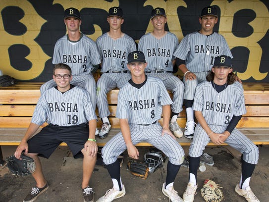 Basha baseball players Tyler Riddle, back left, Jack