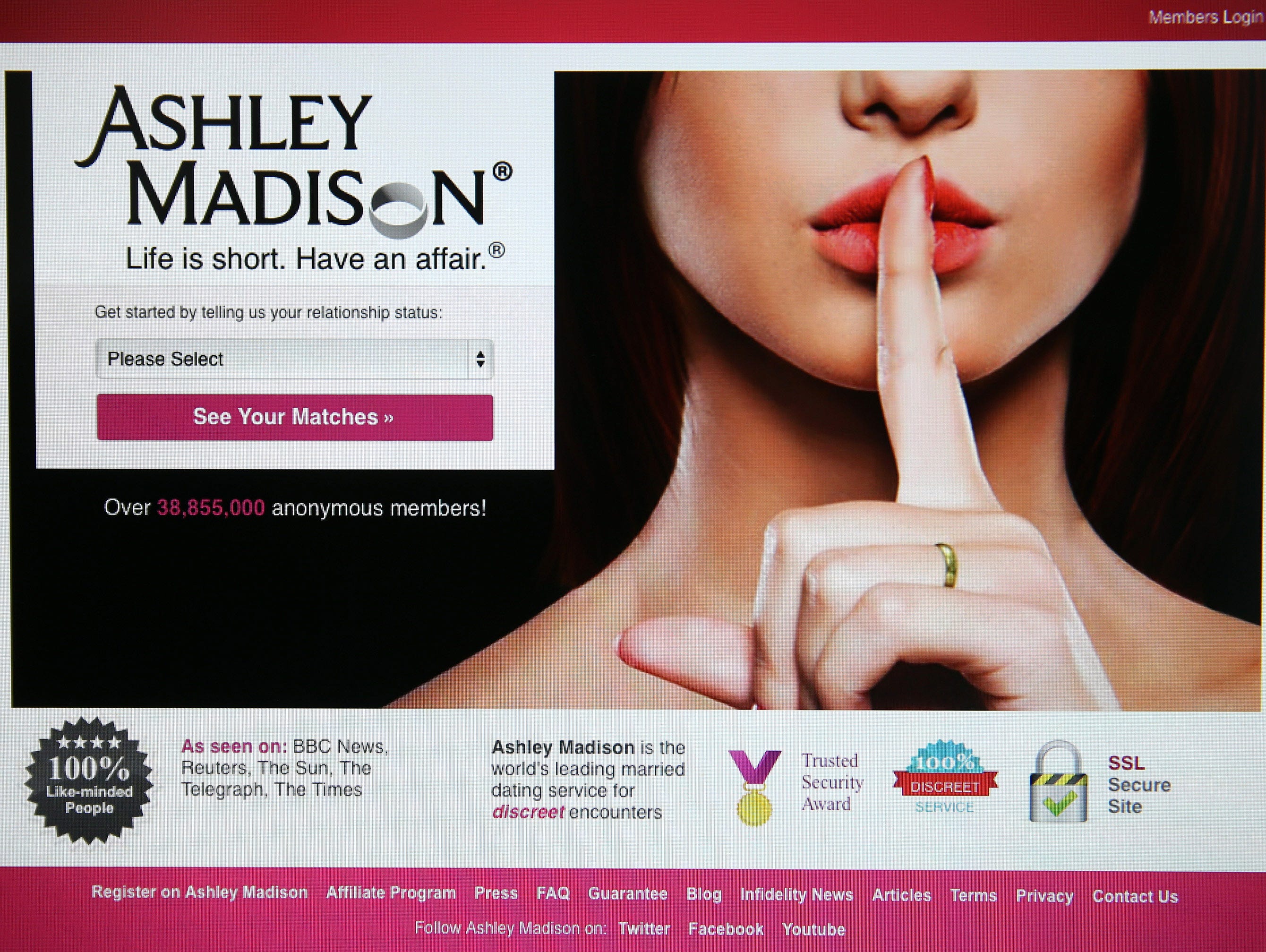LONDON, ENGLAND - AUGUST 19:  The Ashley Madison website is displayed on August 19, 2015 in London, England. Hackers who stole customer information from the cheating site AshleyMadison.com dumped 9.7 gigabytes of data to the dark web on Tuesday fulfi