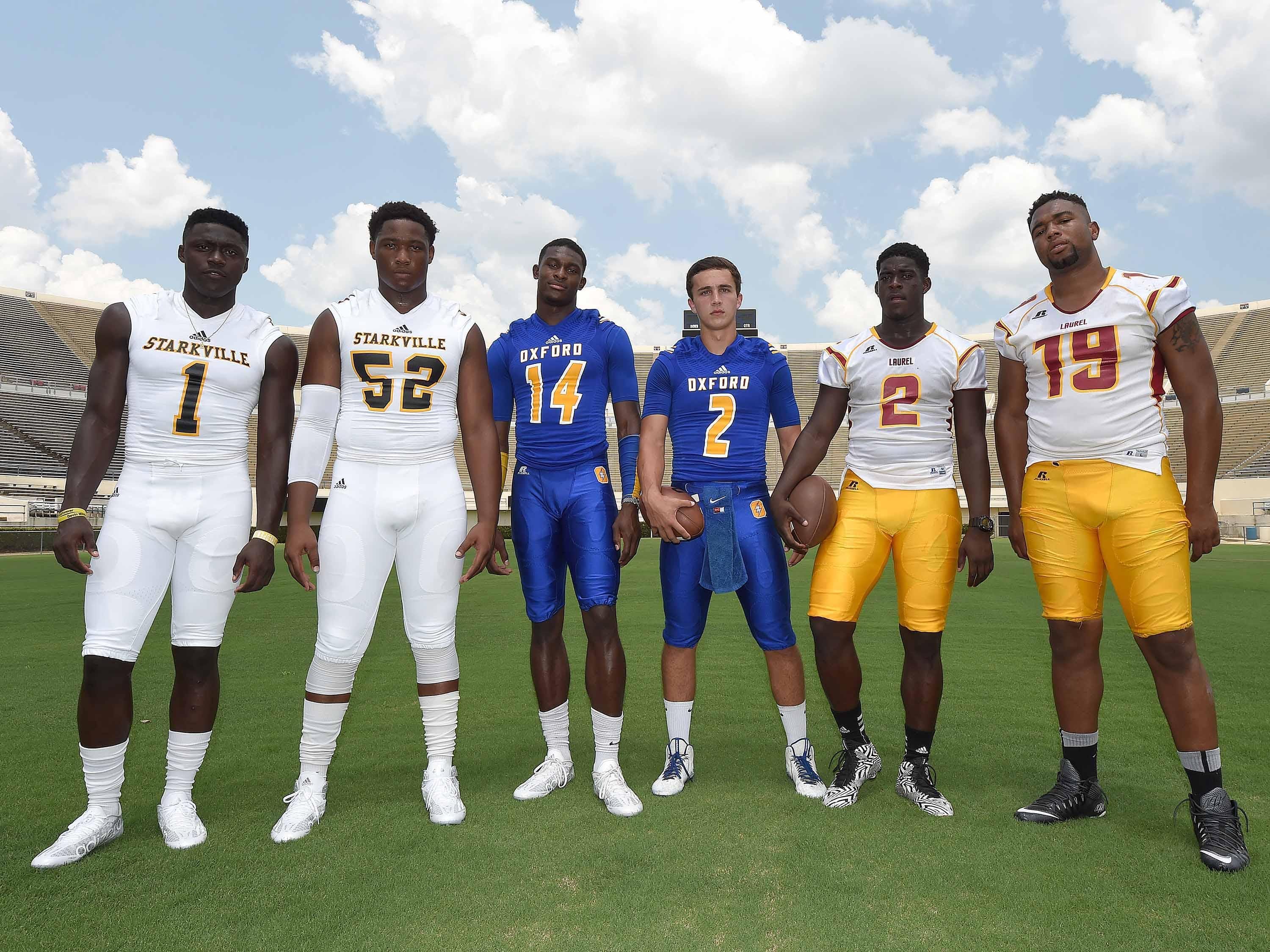 The 2015 Dandy Dozen included three pairs of teammates from Starkville, Oxford and Laurel. From left, A.J. Brown, Kobe Jones, D.K. Metcalf, Jack Abraham, Keon Howard and Octavious Cooley.