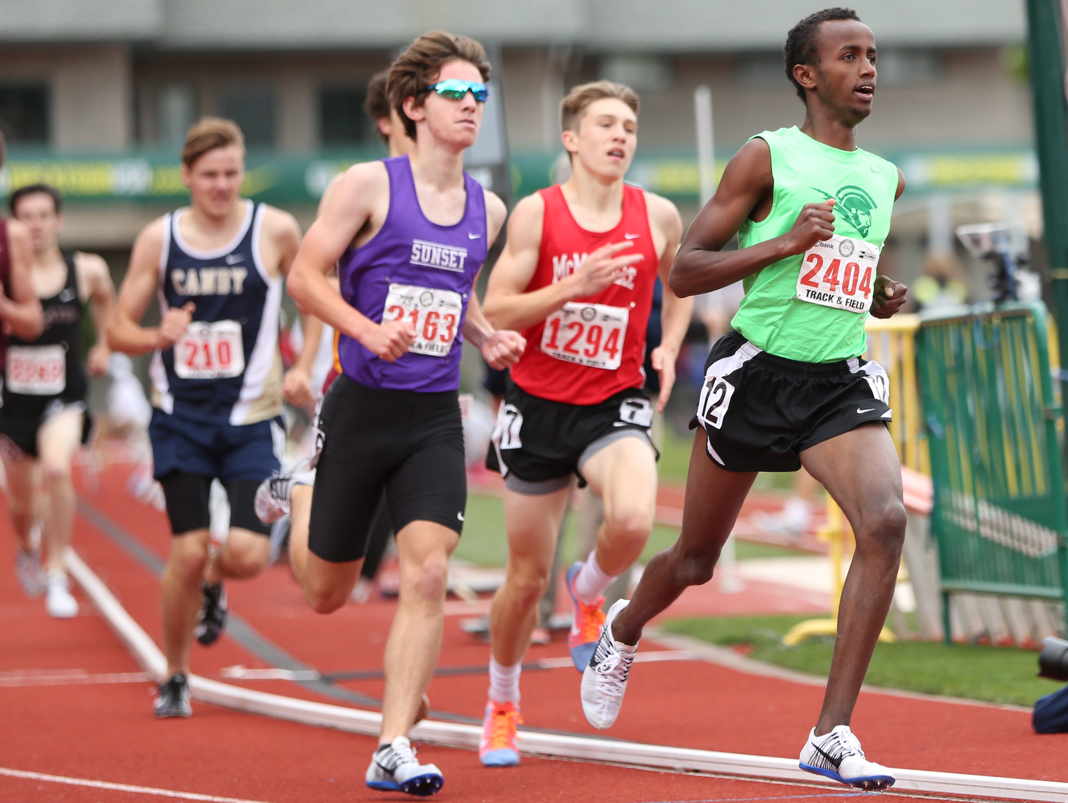 West Salem's Ahmed Muhumed competes in the 1500 meters during the final day of the OSAA Track and Field State Championships at Hayward Field in Eugene, Ore.