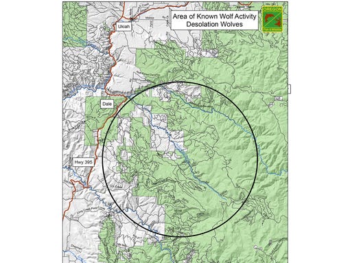 Location of wolf tracks in northeast Oregon.