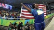 Michelle Carter (USA) celebrates winning the gold medal