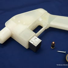 This handgun was created from resin with 3-D printer technology.