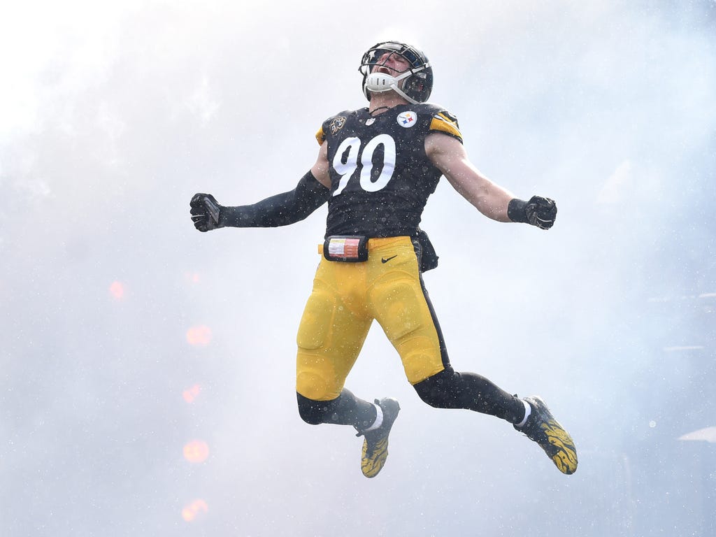 Pittsburgh Steelers linebacker T.J. Watt celebrates while being introduced before taking the field against the Cleveland Browns at Heinz Field in Pittsburgh.