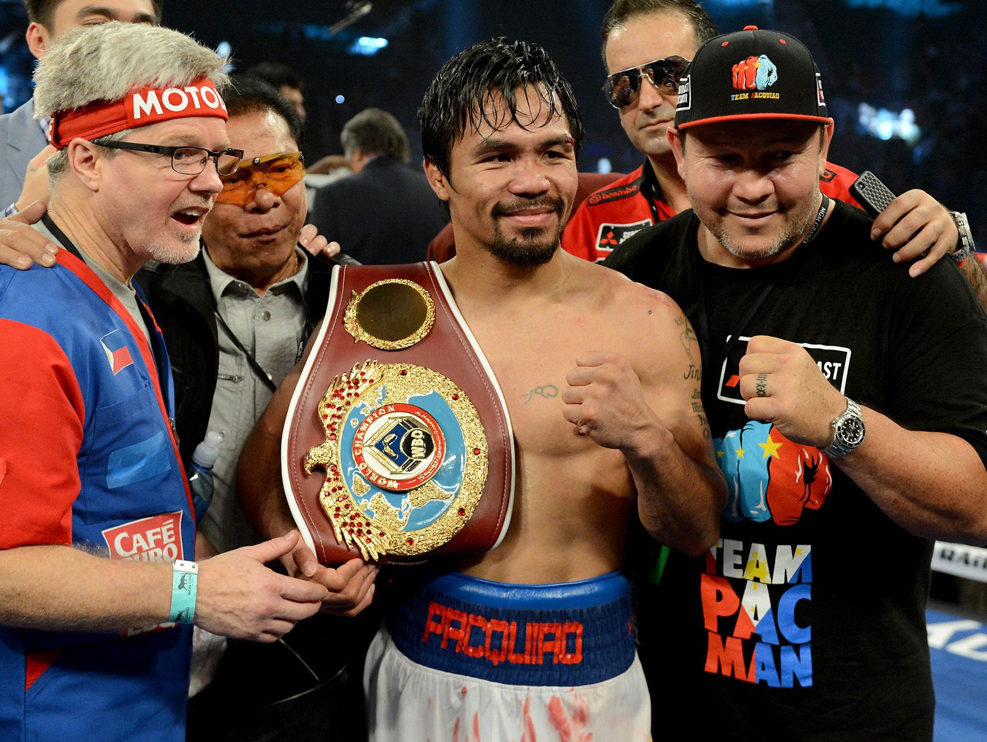 Manny Pacquiao in the ring after his WBO World Welterweight Championship fight against Timothy Bradley Jr. (not pictured) at the MGM Grand Garden Arena. Manny Pacquiao won by decision.