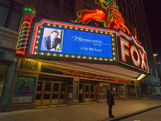 Mike Ilitch is remembered on the marquee of the Fox
