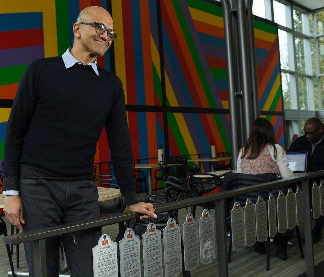 Satya Nadella, 49, CEO of Microsoft, takes a break at one of the company's cafeterias on its sprawling Redmond, Wash., campus.