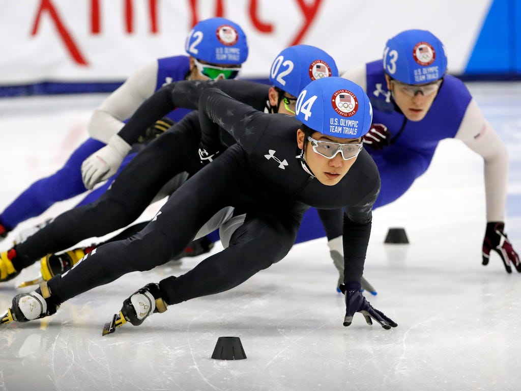 Thomas Insuk Hong competes in the quarter finals in the 1000-meter race at Utah Olympic Oval in Kerns, Utah during U.S. Olympic Team Trials Short Track.