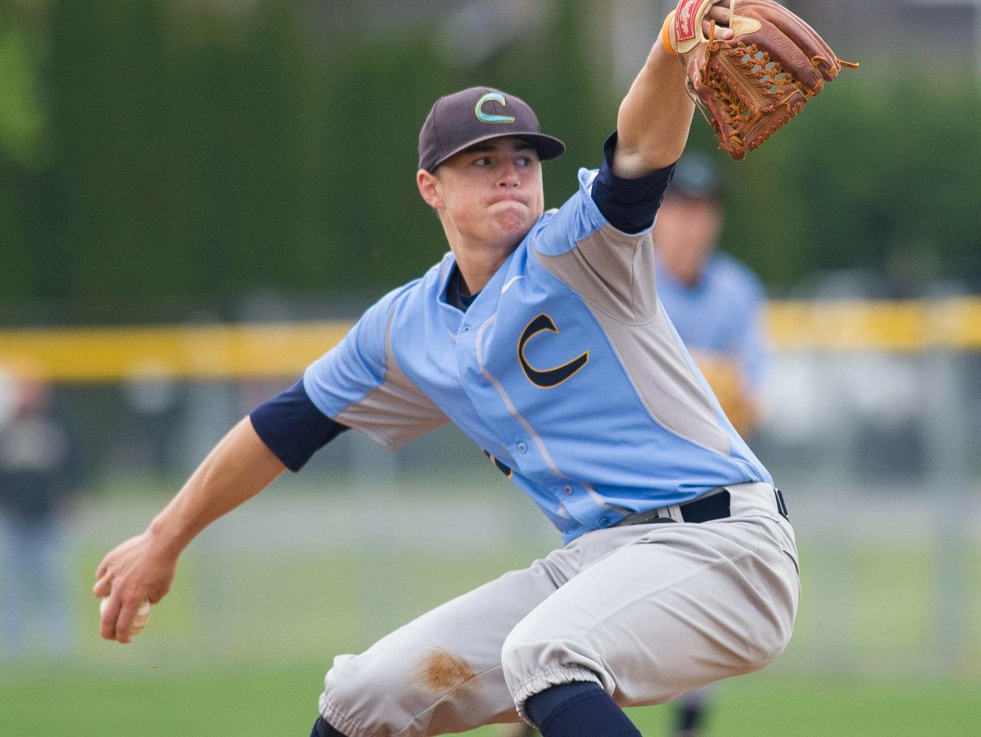 Cape Henlopen's pitcher Noah Clifton (4) sends a pitch in the 1st inning against Salesianum.