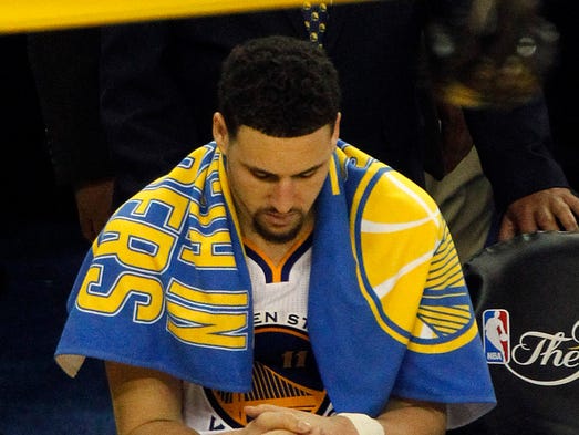 Golden State Warriors guard Klay Thompson (11) reacts