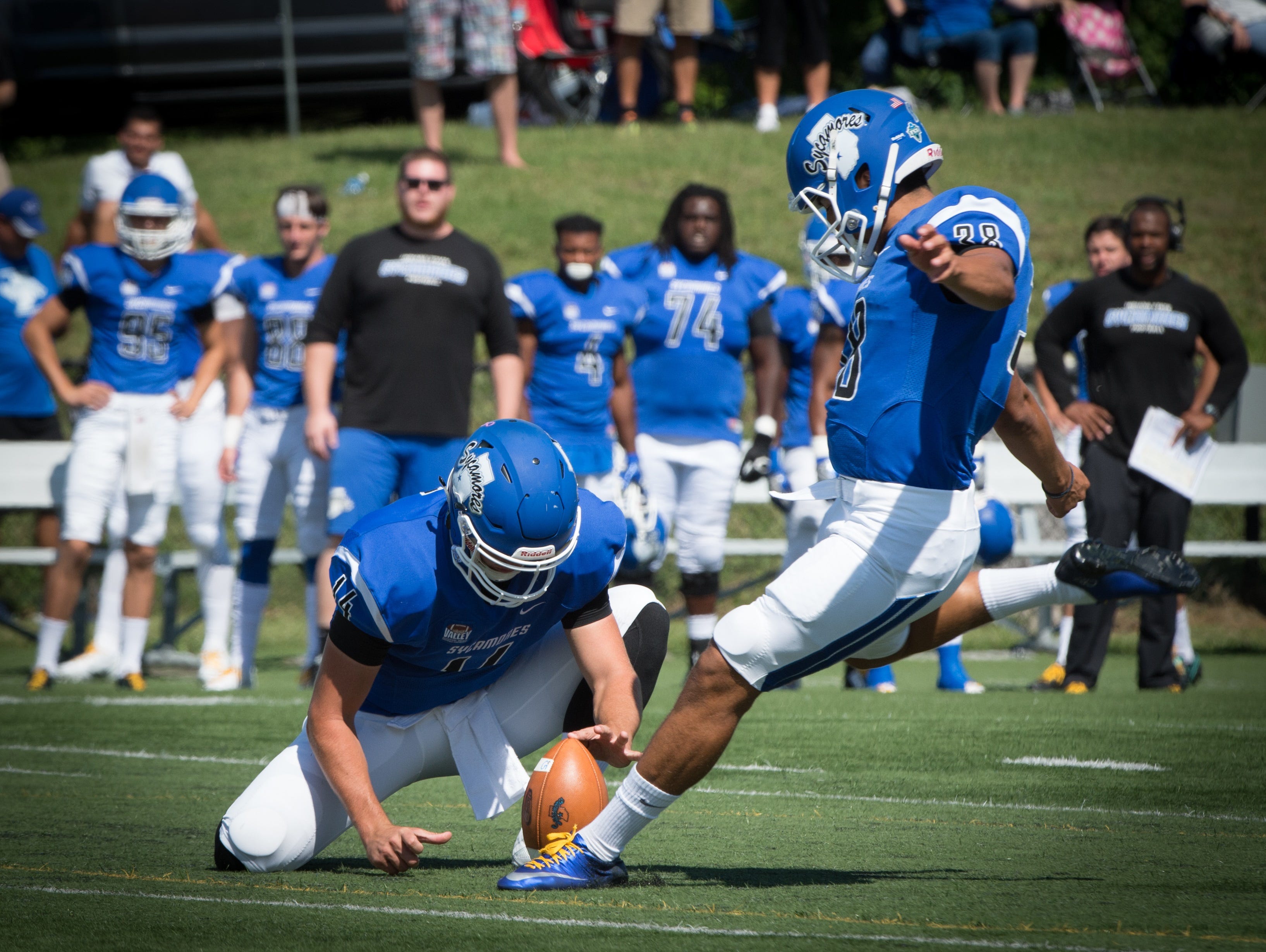 Indiana State freshman kicker Jerry Nunez kicks a field goal against Butler on Saturday