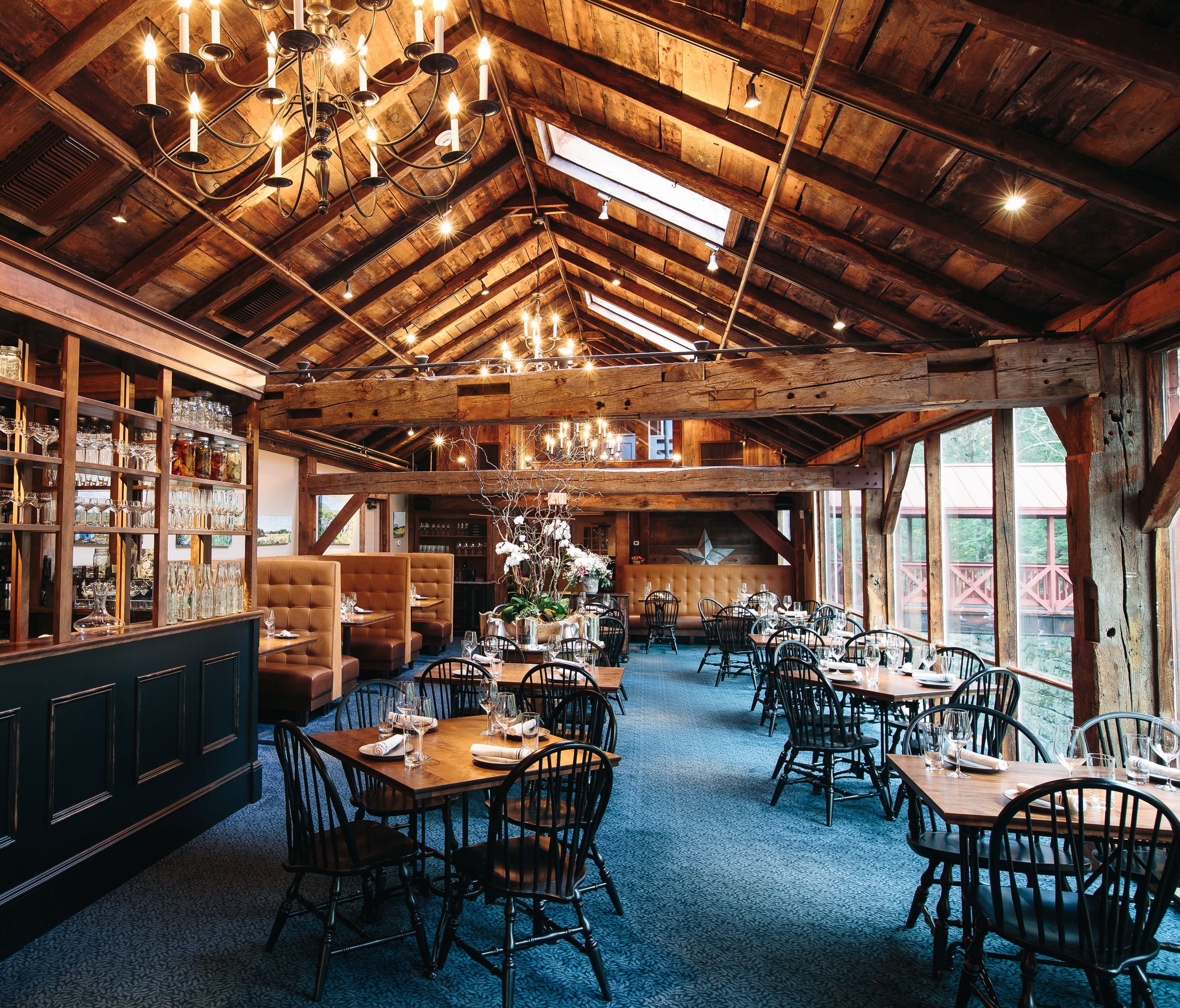 Guests can enjoy waterfall views and elevated farm-to-table fare in the formal dining room or more casual eats in the tavern. There's also a lofted space for private events.