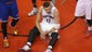 April 11, 2014: Raptors center Jonas Valanciunas reacts to being called for a travel after he slipped against the Knicks.