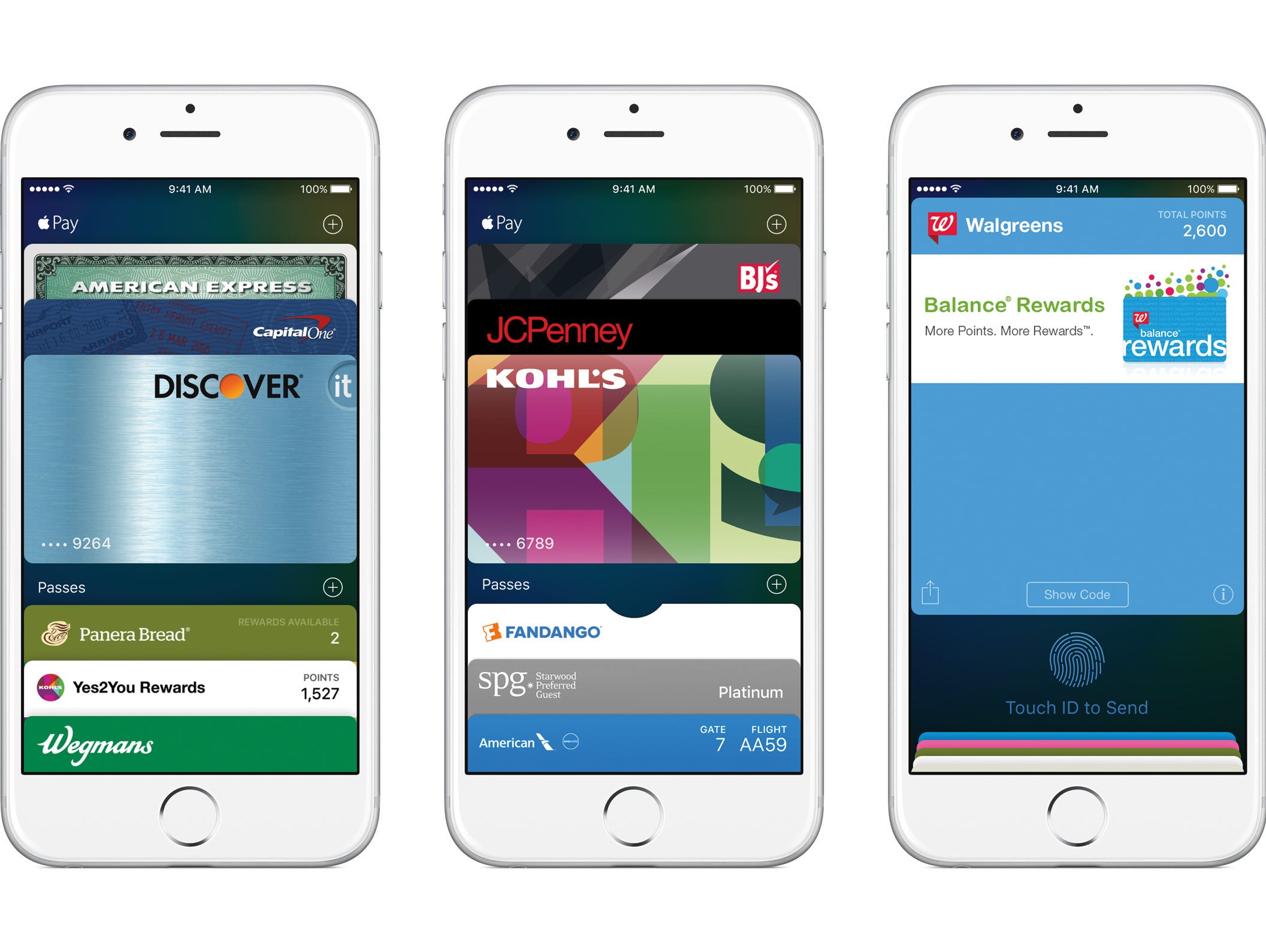 This image of genuine iPhone 6 smartphones shows various Apple Pay features.