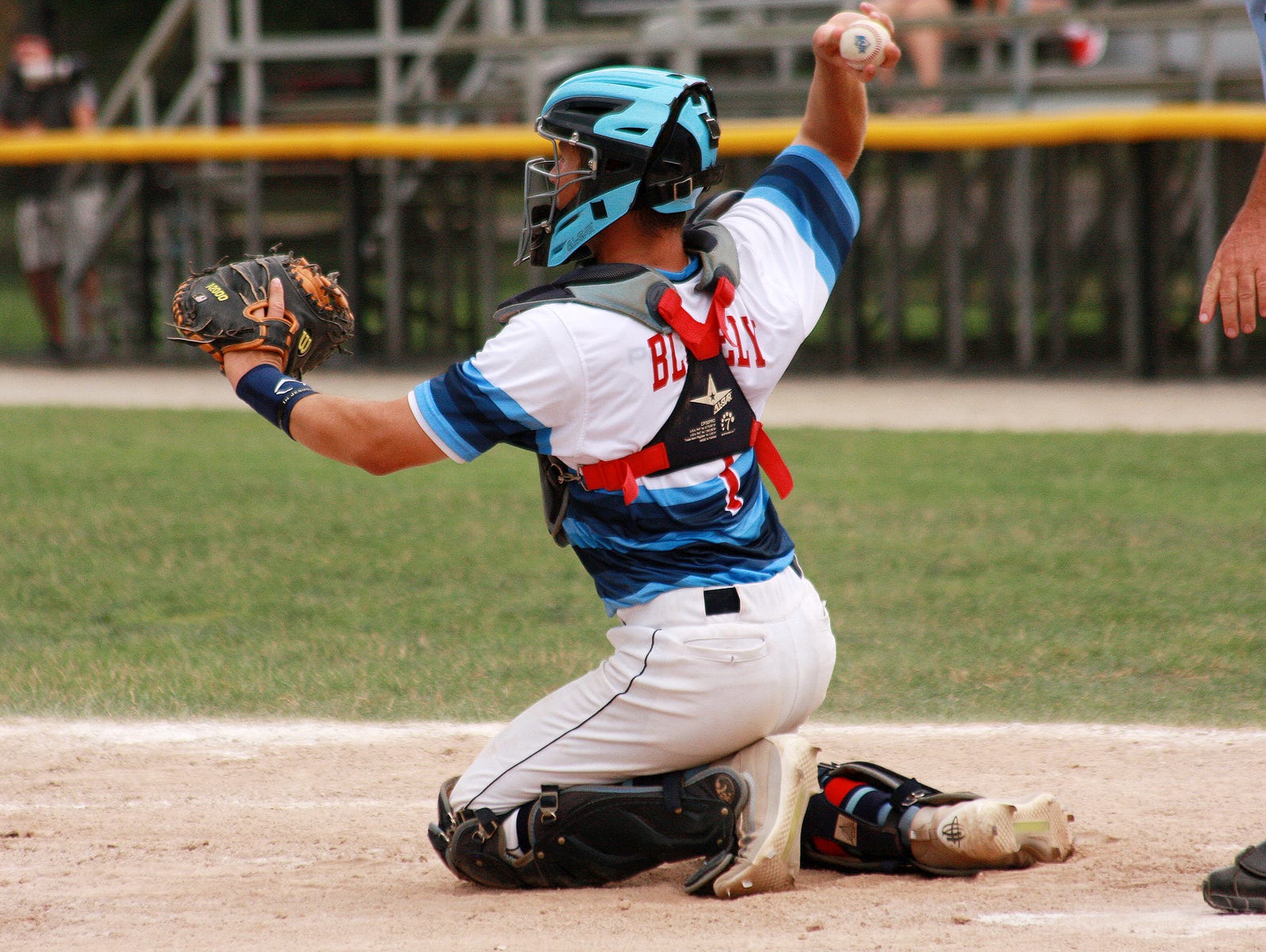 Catcher Drew Blakely, formerly of Gull Lake, plays for Midwest Athletics in Connie Mack regional on Thursday afternoon at Bailey Park