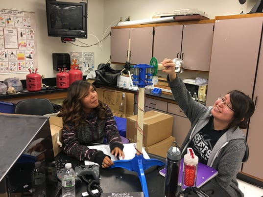 Ivy Lapaz and Julia Little-Youngman prepare their wind turbine 