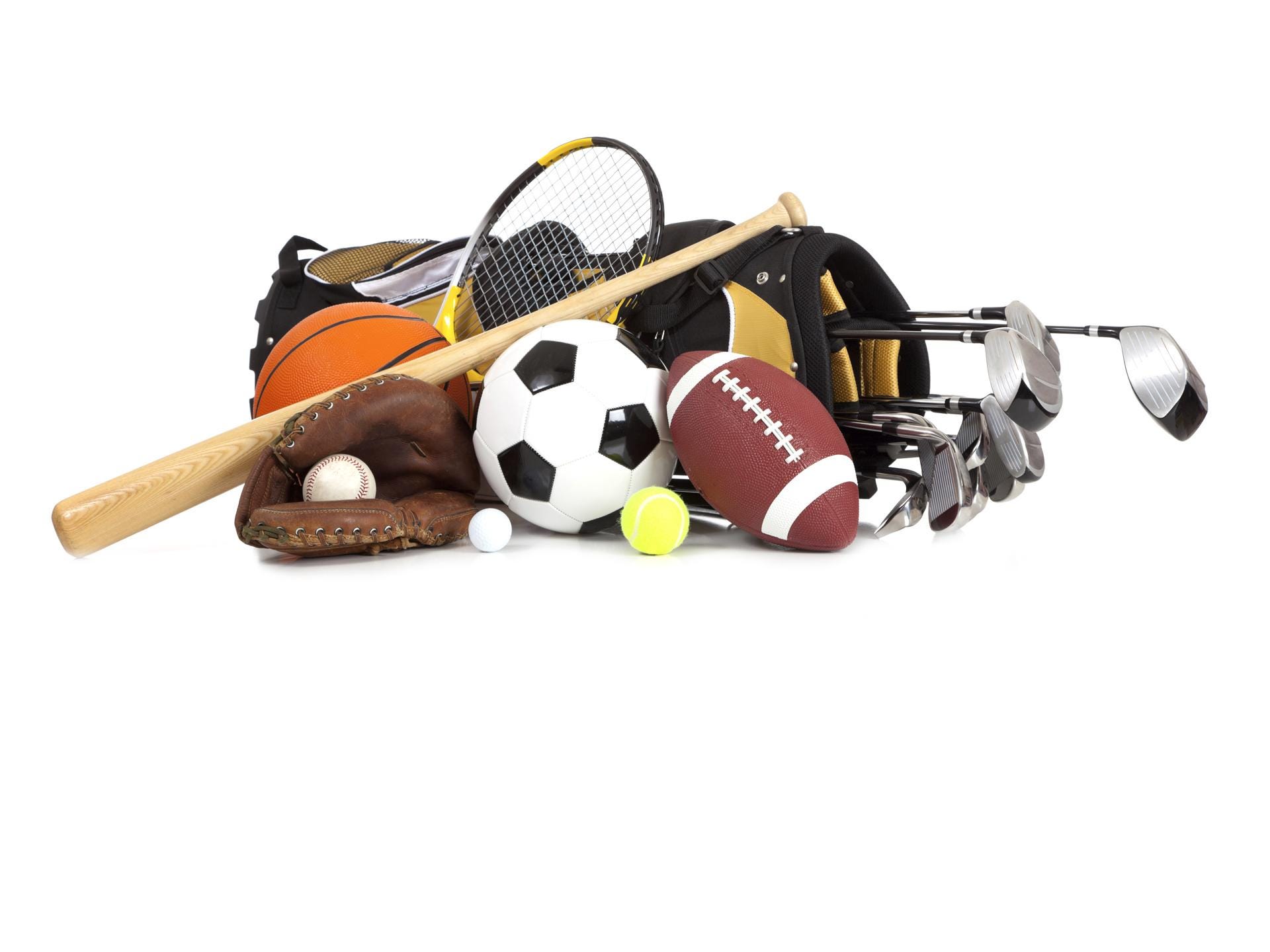 Assorted sports equipment on a white background