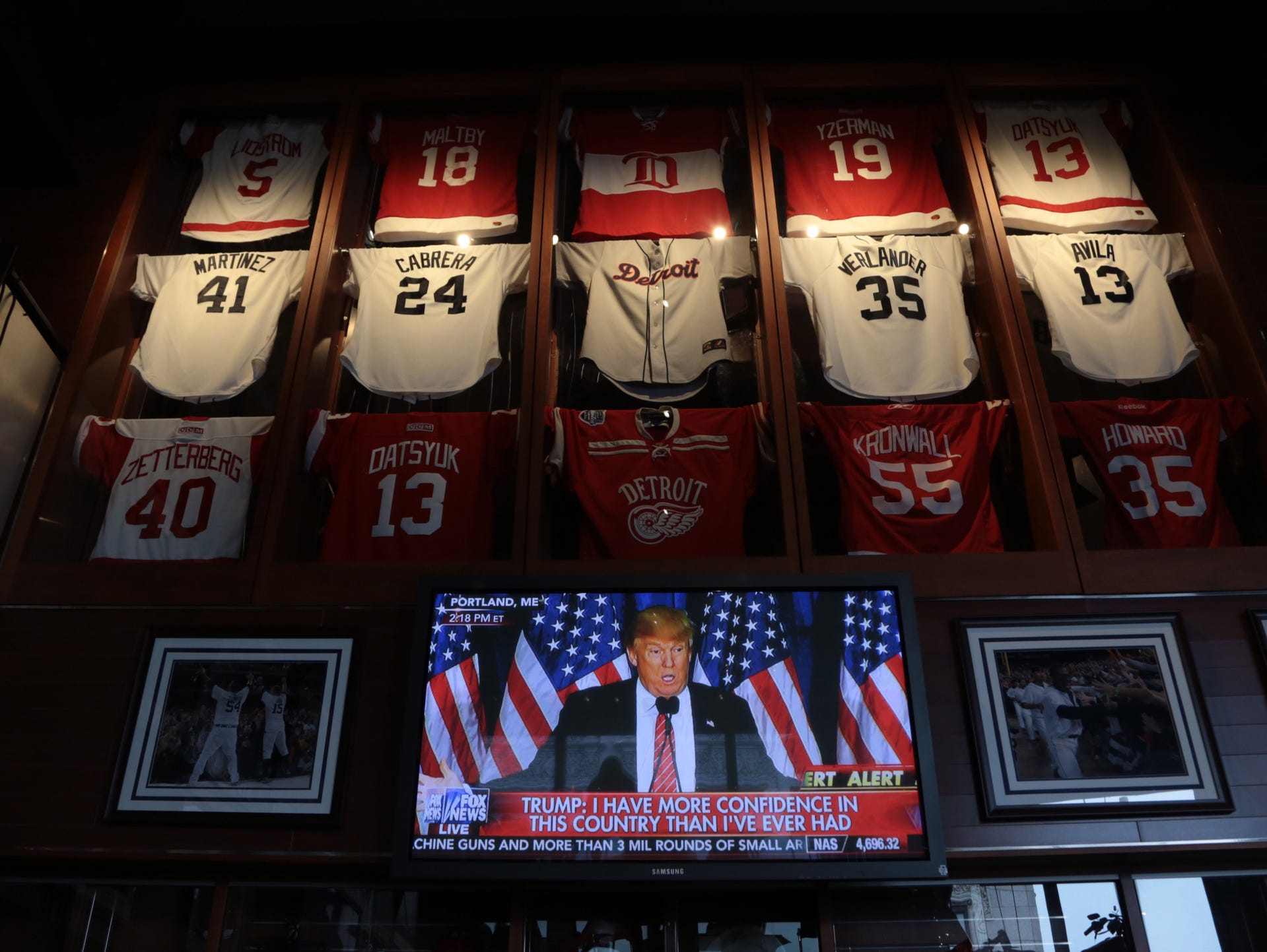 Donald Trump is seen speaking on television at Hockeytown