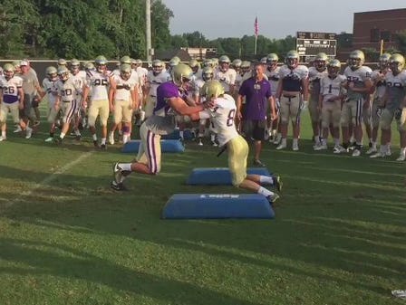 Christ Presbyterian Academy football players during contact drill on first day teams in Middle Tennessee can practice in pads on July 25, 2016.