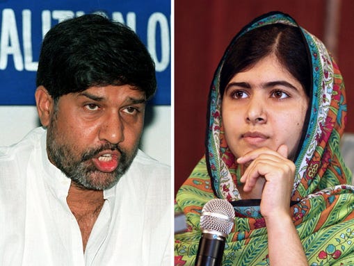 Pakistan's Malala Yousafzai, 17, right, and India's