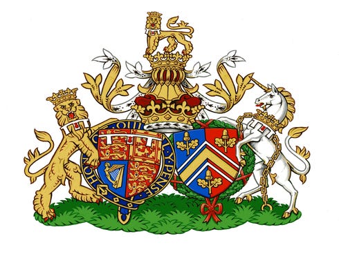 In this photo provided by Kensington Palace, the new Conjugal Coat of Arms for the Duke and Duchess of Cambridge is shown. Some couples buy matching outfits. Royal couples get matching heraldry.