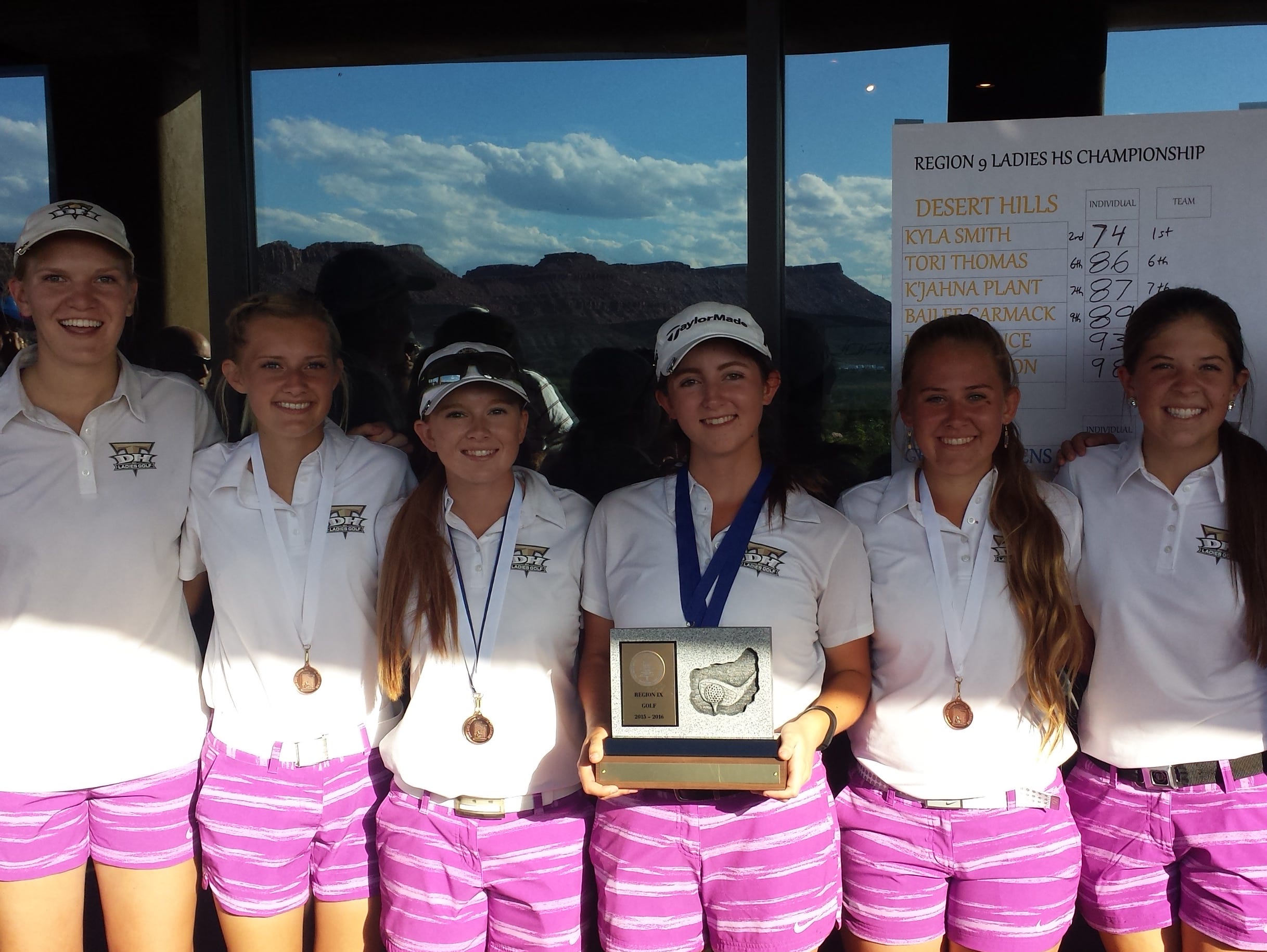 Desert Hills golfers smile after winning the Region 9 title at SunRiver Golf Club. The Thunder hold state records for most championships (6) as well as consecutive championships (6) and are once again the favorites to win the 3A tournament at Soldier Hollow this week.
