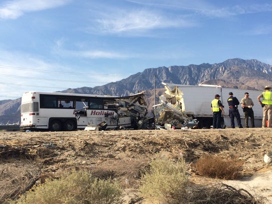 A tour bus and big rig crashed on I-10 Sunday morning,