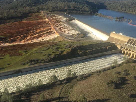 An aerial view of the damaged Oroville spillway in