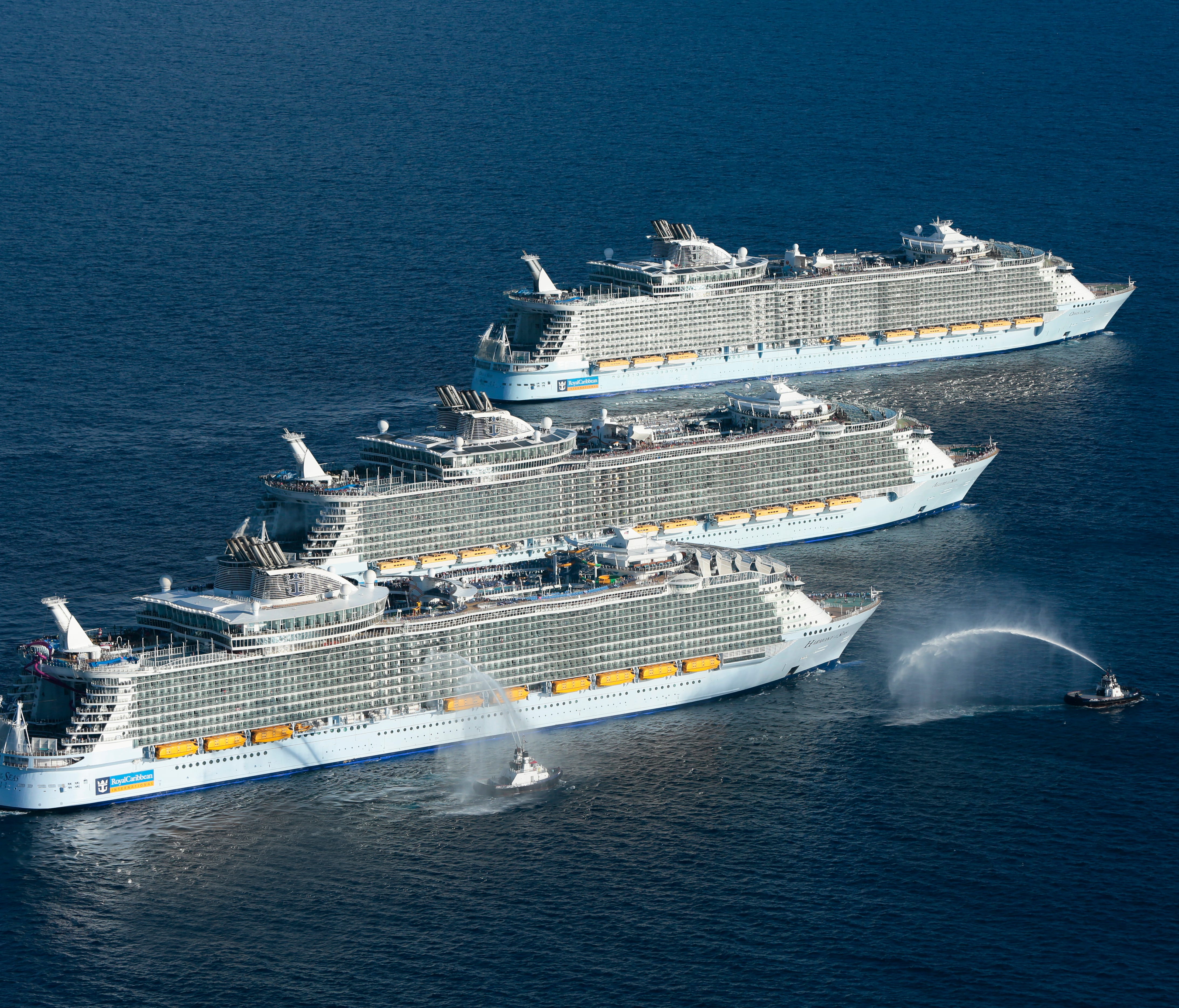 The world's three largest cruise ships -- Harmony of the Seas, Oasis of the Seas and Allure of the Seas -- met up for the first and perhaps only time off the coast of Florida on Nov. 4, 2016.