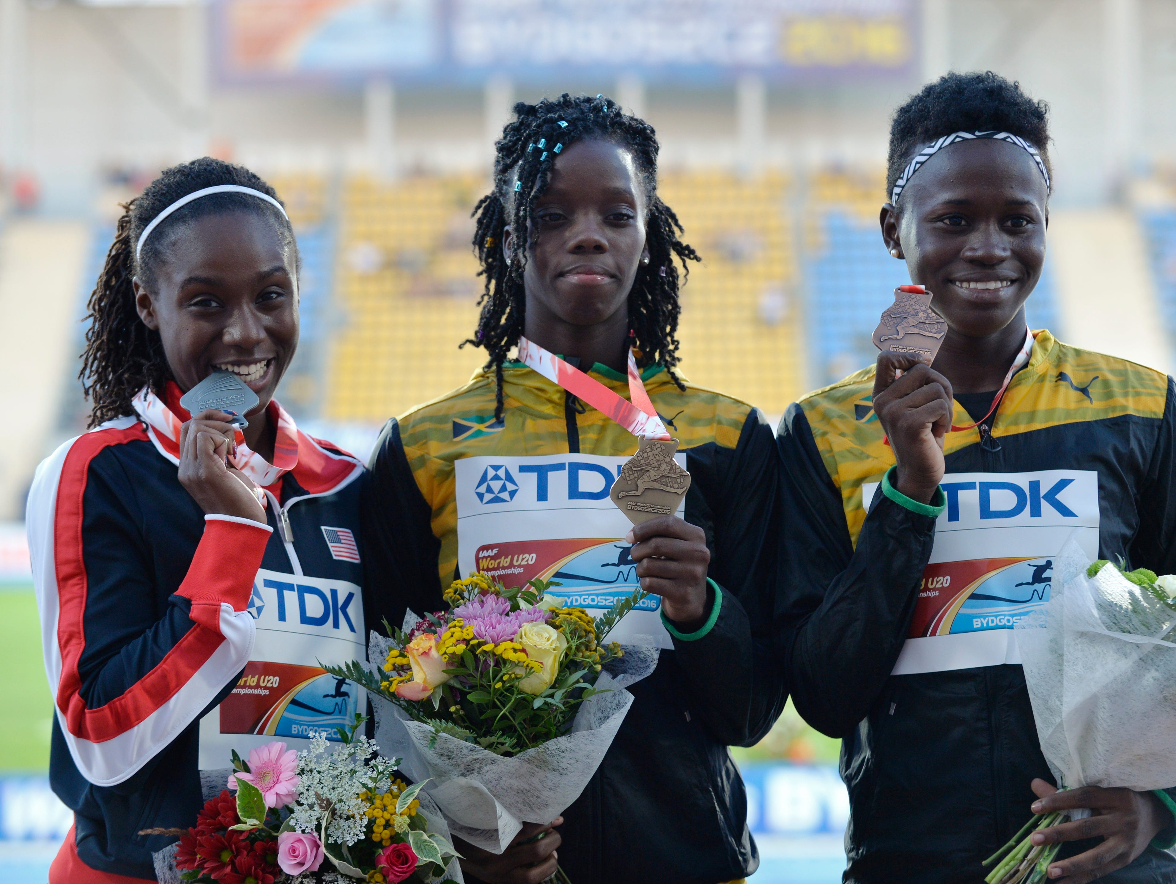 BYDGOSZCZ, POLAND - JULY 21: Lynna Irby from USA, Tiffany James from Jamaica and Junelle Bromfield from Jamaica on the podium after women's 400 metres during the IAAF World U20 Championships at the Zawisza Stadium on July 21, 2016 in Bydgoszcz, Poland.