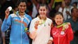 Carolina Marin of Spain is flanked by V. Sindhu Pusarla