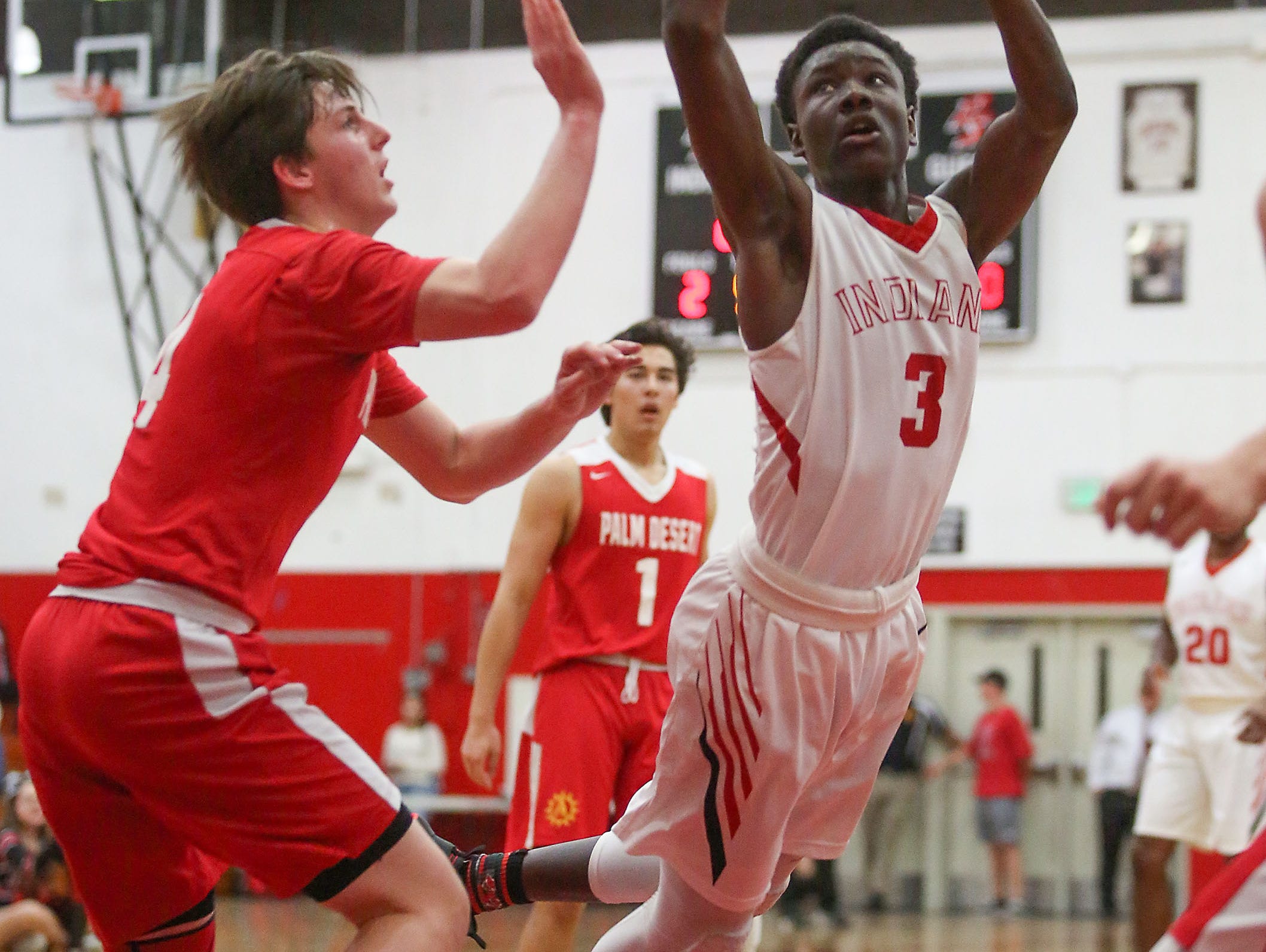 Damien King of Palm Springs takes an awkward shot during the Indians win over Palm Desert, February 8, 2017.