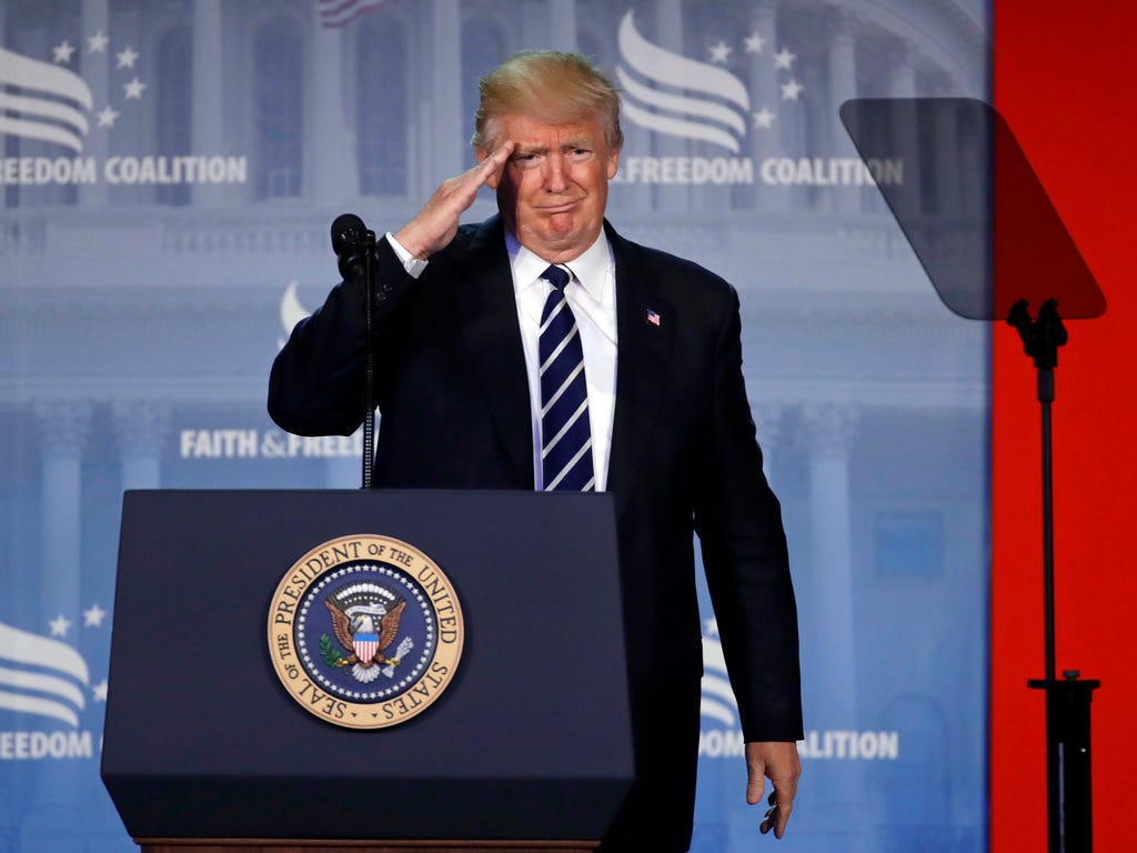 President Trump salutes as he speaks at the Faith and Freedom Coalition's Road To Majority conference in Washington.