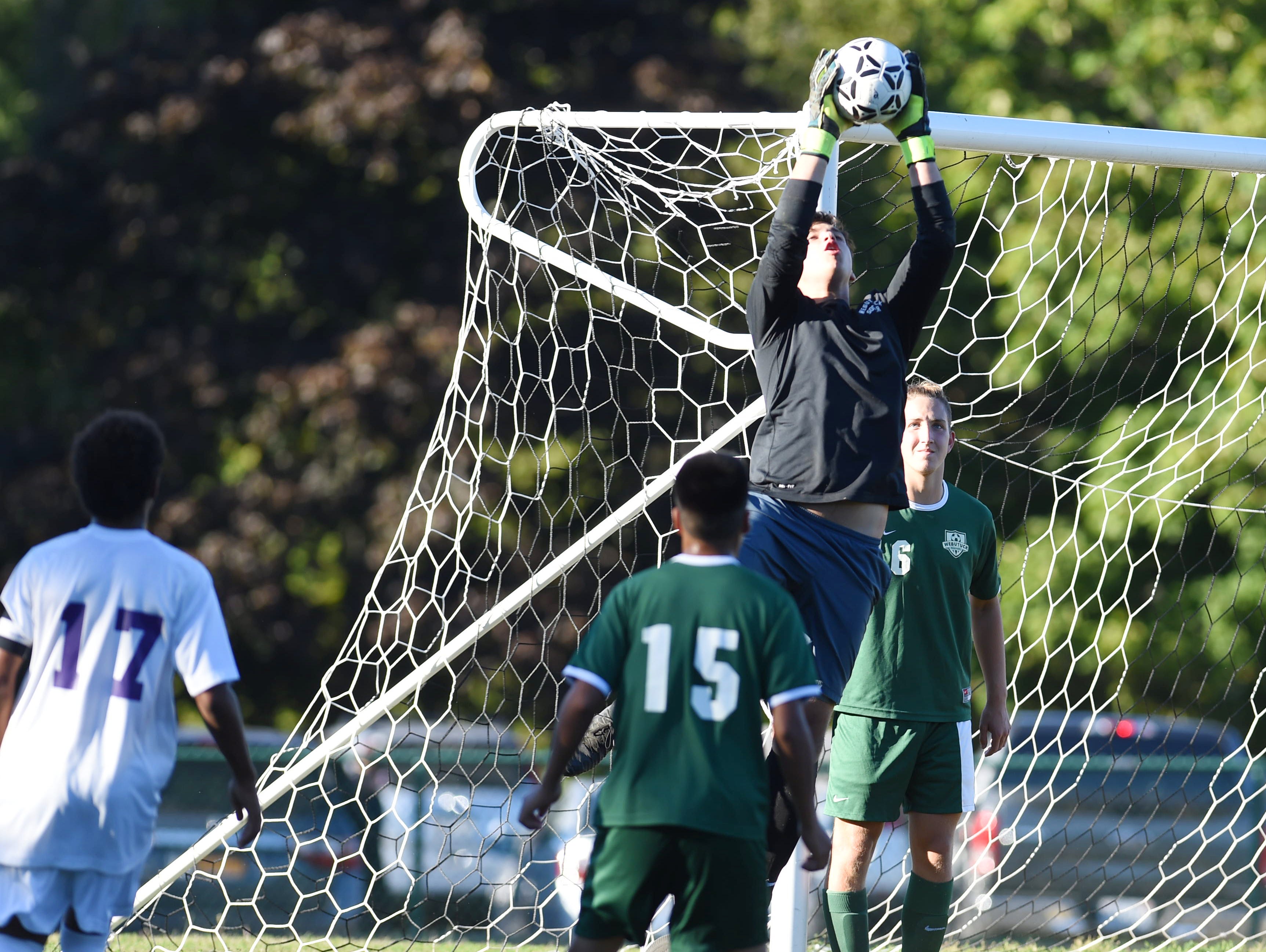 Webutuck's Thomas Stephanopoulos makes a save during Thursday's game 1-1 tie in Rhinebeck.