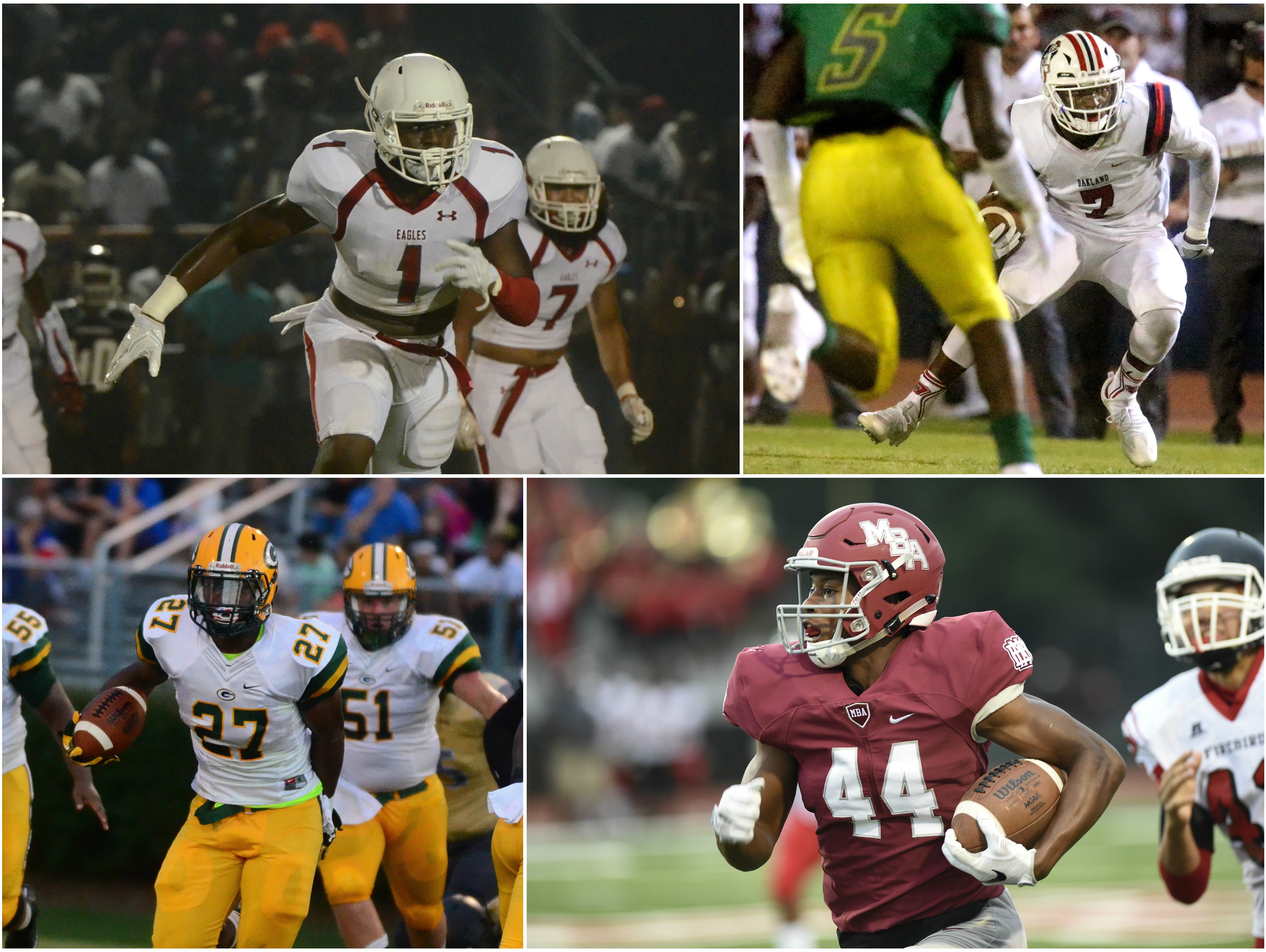 East Nashville's Jacob Phillips (1), Oakland's JaCoby Stevens (7), Gallatin's Jordan Mason (27) and MBA's Ty Chandler (44)