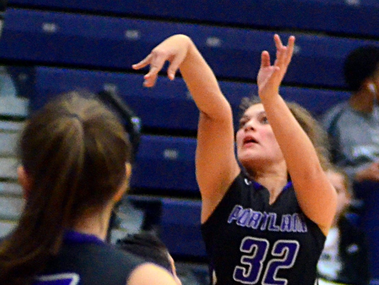 Portland High senior Cristina Herrera releases a 3-pointer during second-quarter action. Herrera scored a game-high 15 points in the Lady Panthers’ 50-29 victory.