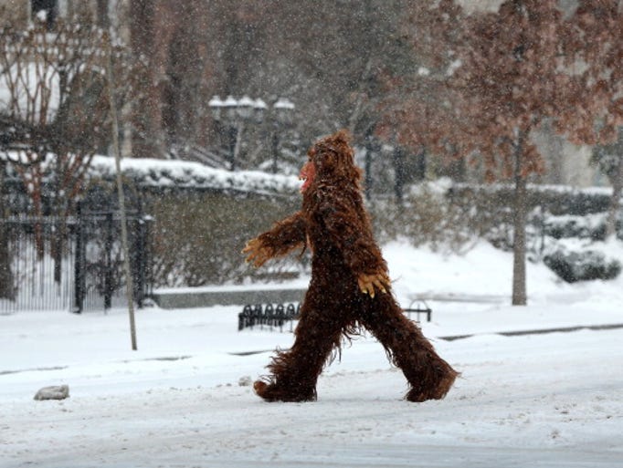 A man dressed in a gorilla costume crosses a snowy street March 3, 2014 in Washington, DC. The Washington area has been hit by repeated snow storms throughout the winter.