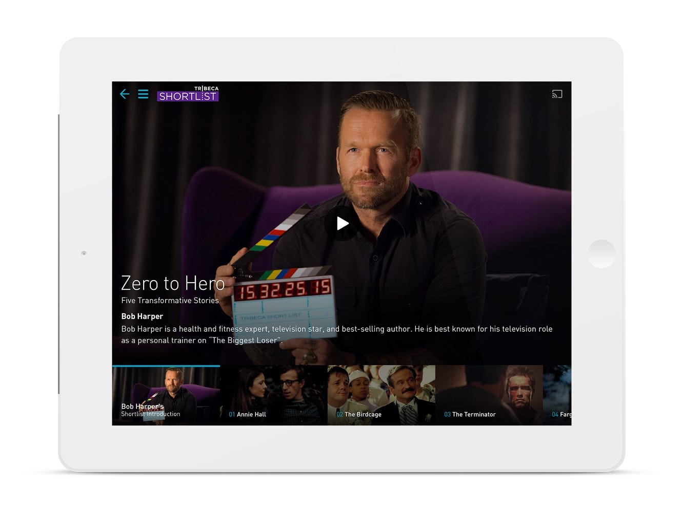 A screen shot of the new Tribeca Shortlist movie streaming service showing personal trainer Bob Harper (The Biggest Loser) with his list of recommended films.