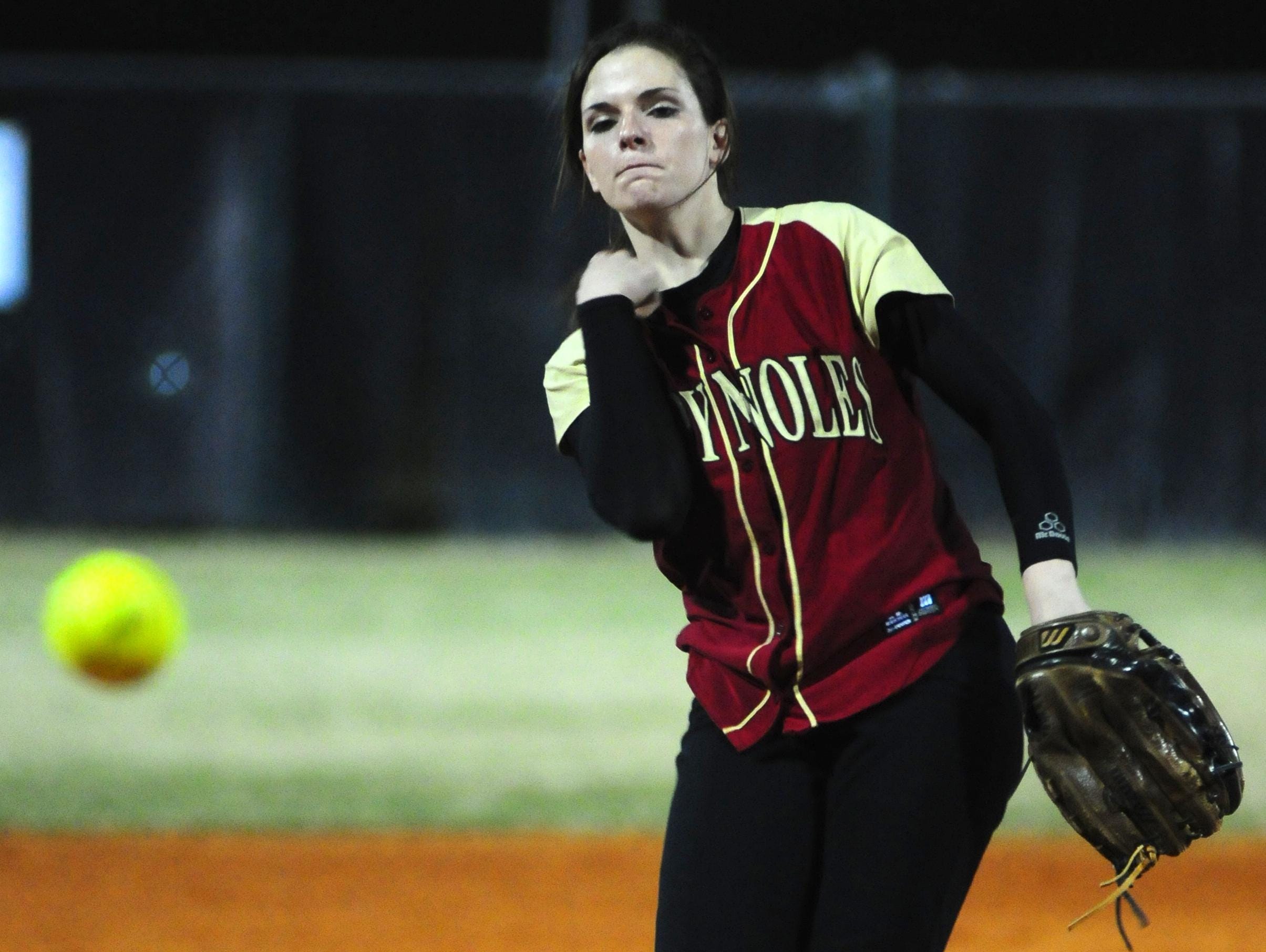 Florida High pitcher Taylor Rossman tosses a pitch during a game against Godby during her days as a dominating high school pitcher. Rossman is entering her senior at Jacksonville University.