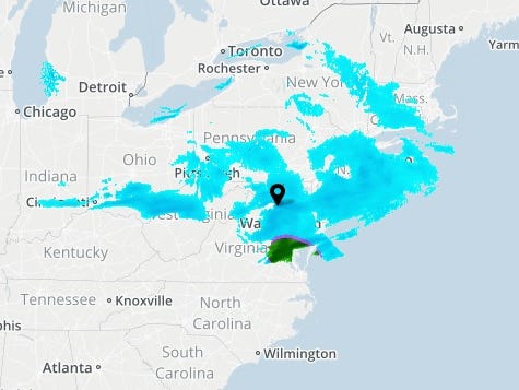This screenshot from 9:30 a.m. ET shows snow moving across the mid-Atlantic and Northeast.