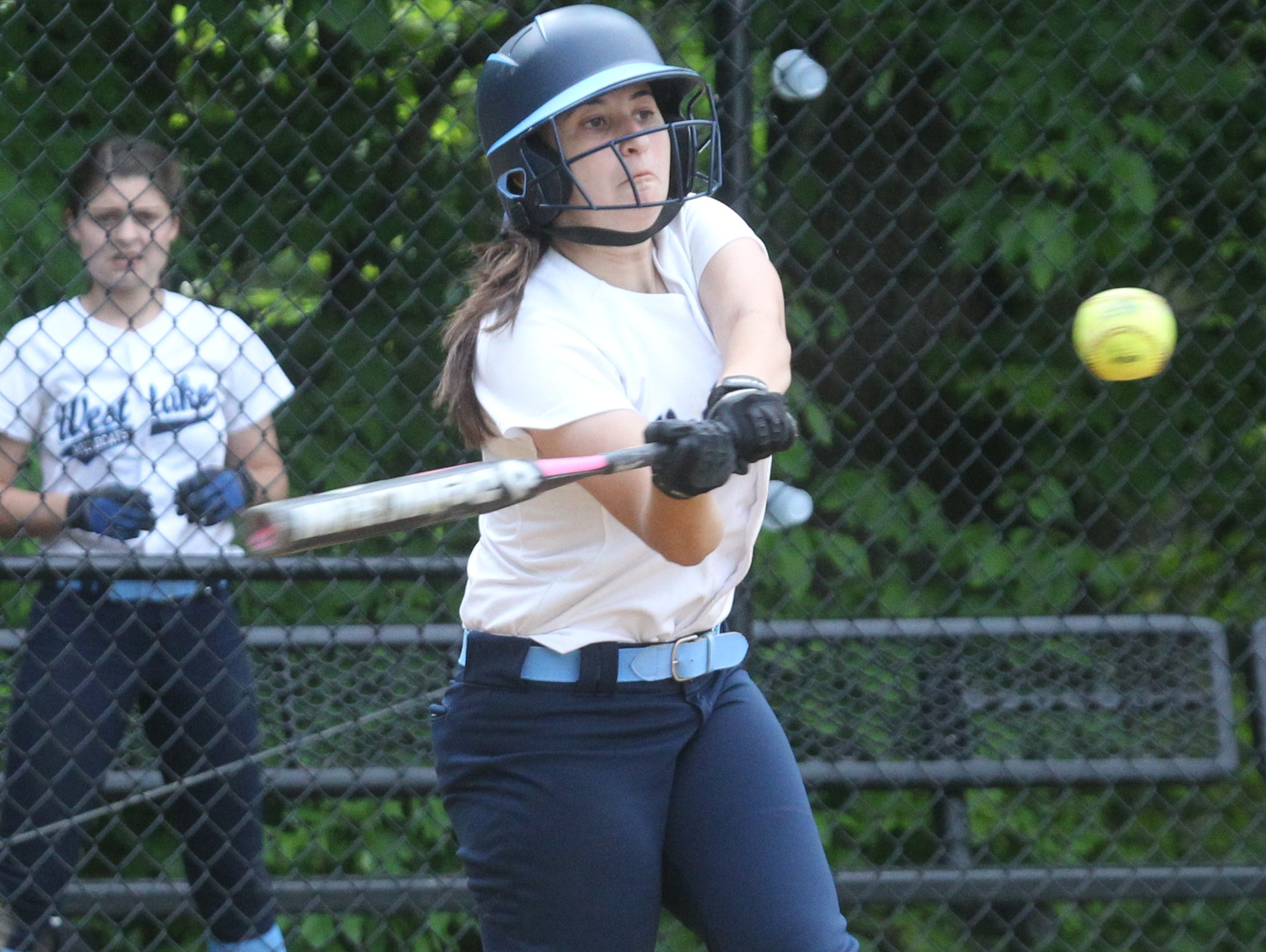 Westlake's Angelina Guarnieri drives in two runs with a double during a Section 1 Class B softball quarterfinal with Pleasantville at Westlake May 23, 2016.