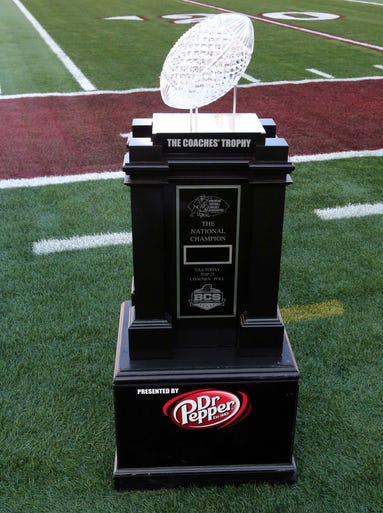 A view of The Coaches Trophy before the 2014 BCS National Championship Game.