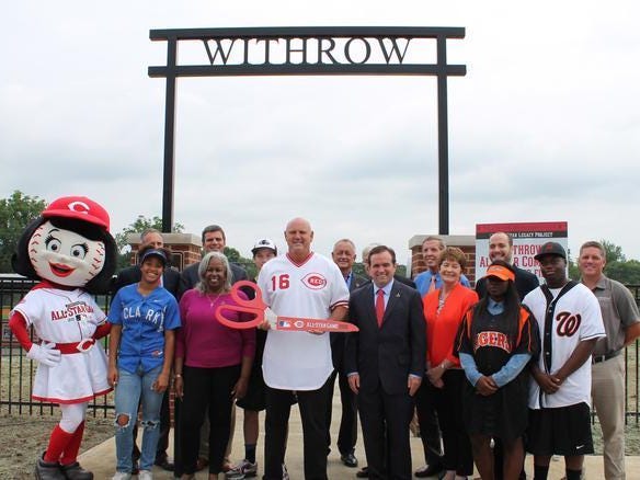 At the dedication of Ron Oester Field at Withrow High School, the former Reds second baseman was joined by the daughter of Jackie Robinson (Sharon) and Cincinnati Mayor John Cranley.