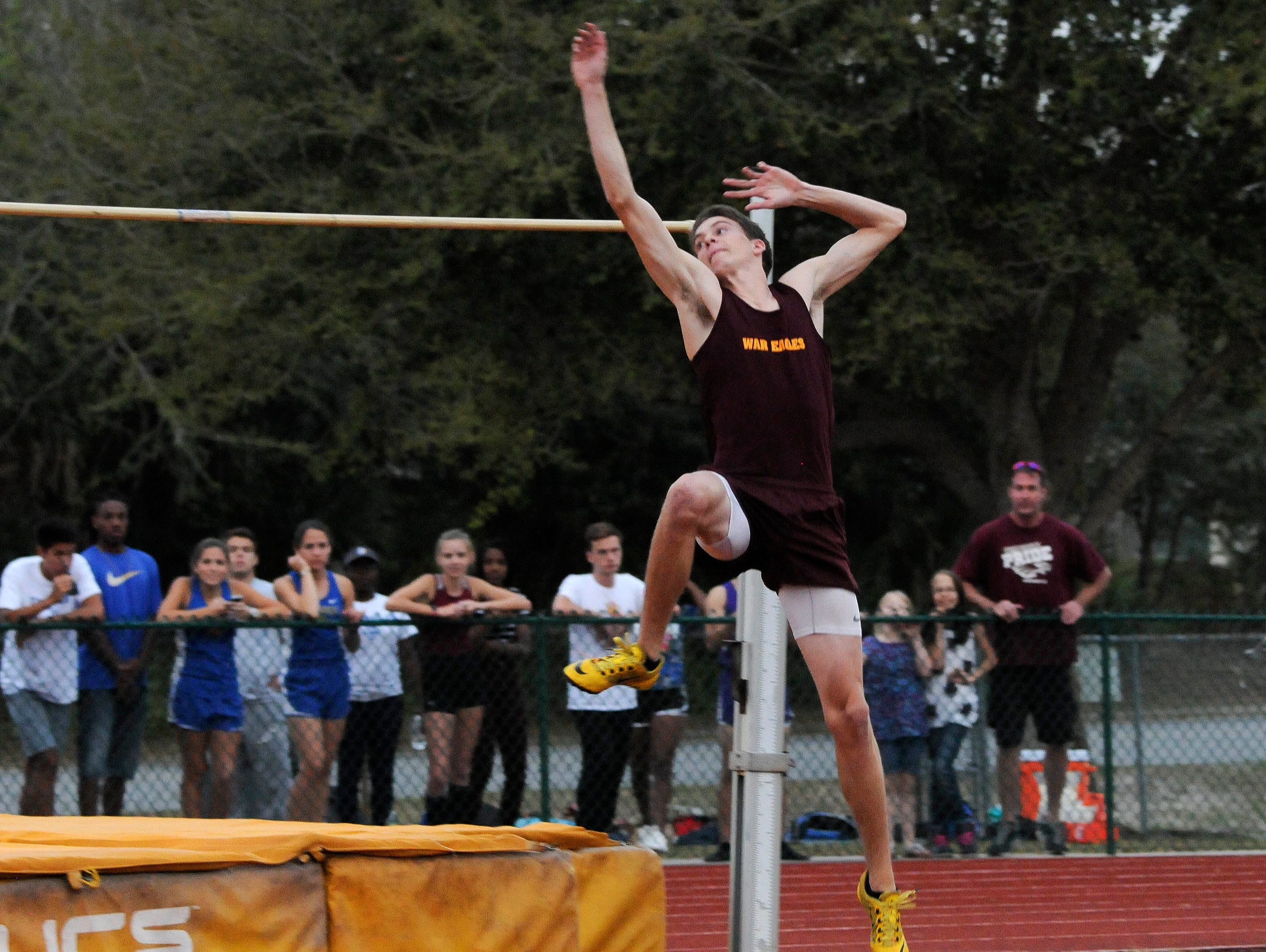 Tristan Schultheis clears the bar during the Astronaut Invitational Track and Field meet in Titusville.