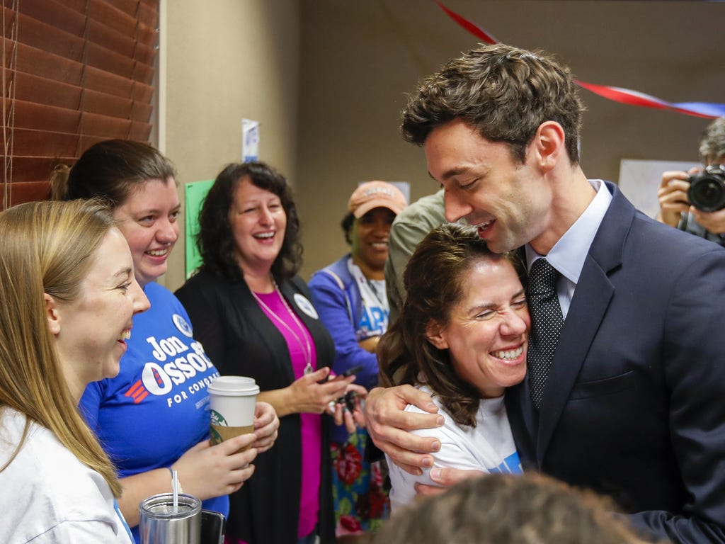 Democratic House of Representatives candidate Jon Ossoff greets volunteers on the morning of the special election at a campaign office in Atlanta, Ga. on April 18, 2017. Ossoff is one of 18 candidates running in today's non-partisan special election 