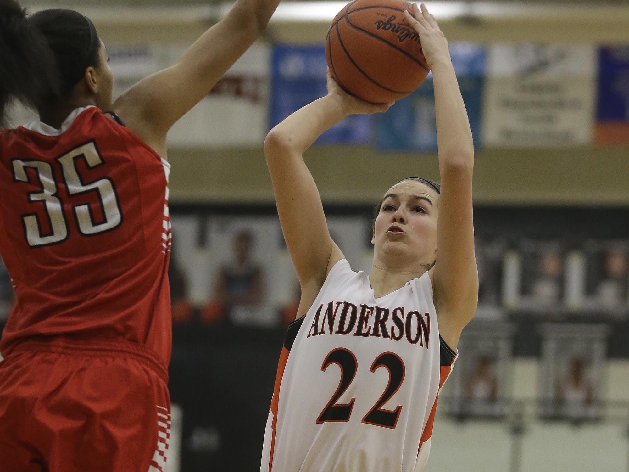 Anderson’s Madison Temple shoots the ball over Fairfield’s Anaiah Williams.