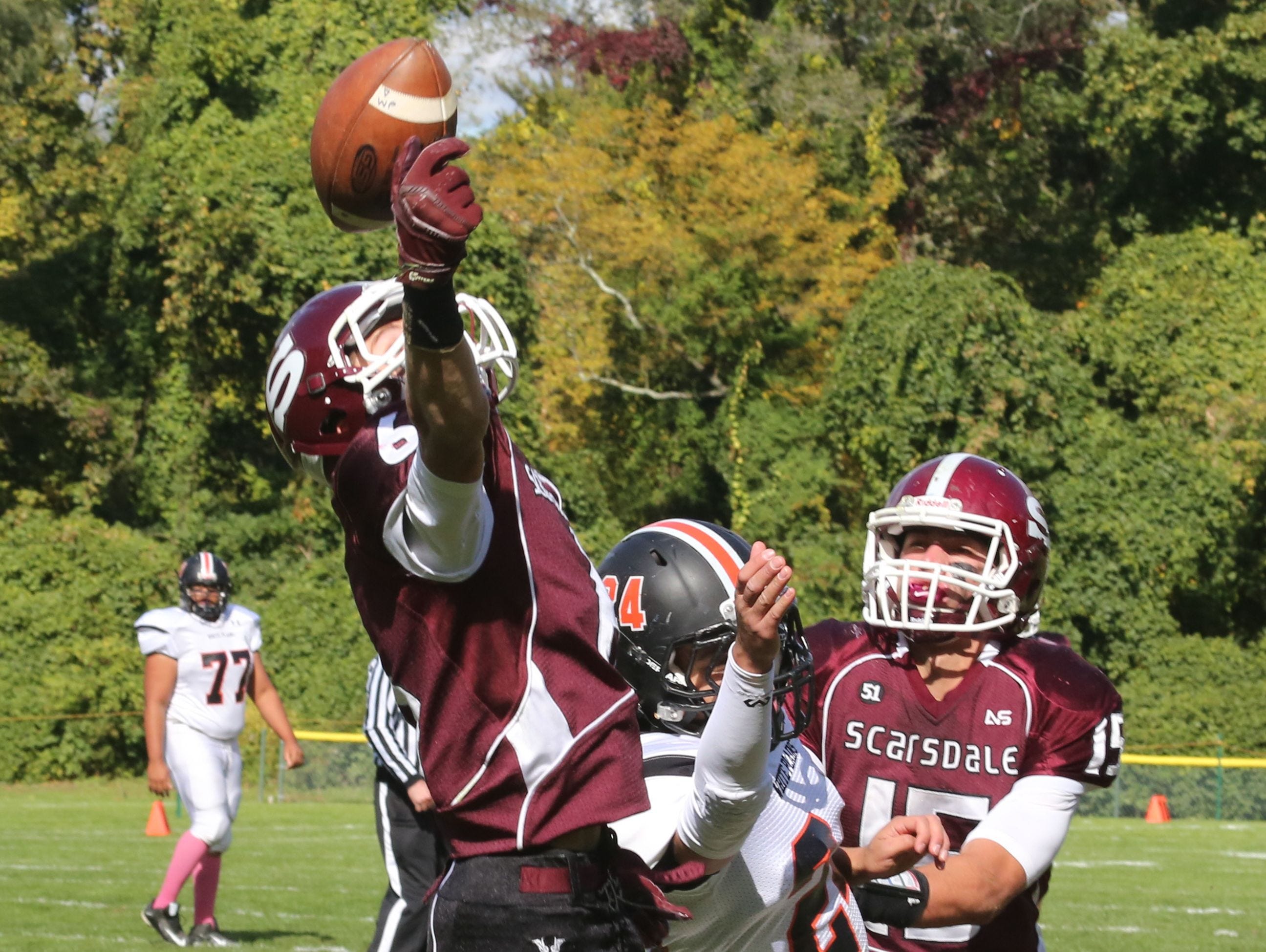 Scarsdale's Barry Klein intercepts the ball in the end zone during the Scarsdale vs. White Plains football game at Scarsdale High School, Oct. 17, 2015. The teams will meet at Scarsdale on Sept. 23, 2016.