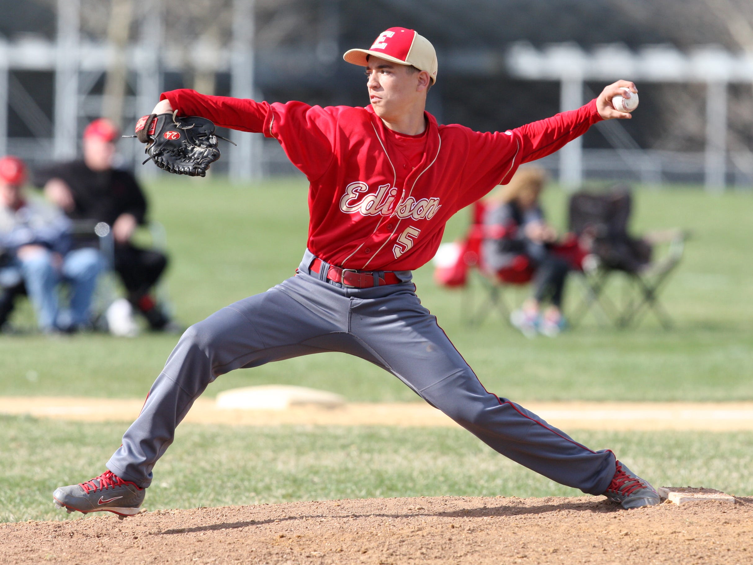South Brunswick takes on Edison in a boys varsity baseball game at South Brunswick High School Thursday April 16,2015 Edison's # 5 pitcher Brandon Radd on the mound.