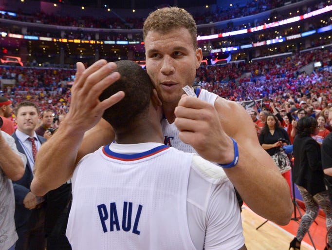 Game 7 in Los Angeles -- Clippers 126, Warriors 121: Blake Griffin and Chris Paul celebrate the Clippers' win.