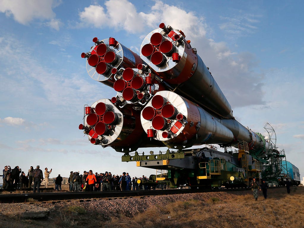 A Russian Soyuz TMA 14 M spacecraft is transported to the launch pad at the Baikonur Cosmodrome on Sept. 22 in Kazakhstan.
